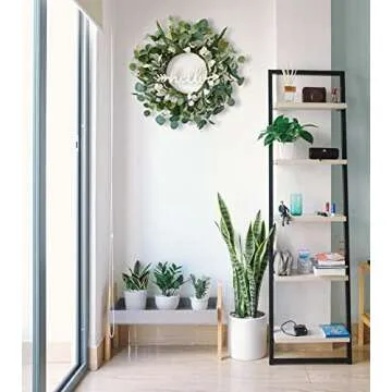 TOKCARE 22 Inch Eucalyptus Wreath with Hello Sign, Spring Summer Wreaths for Front Door Green Winter Wreaths for Front Door Windows,Porch,Fireplace,Indoors and Outdoor Home Decoration
