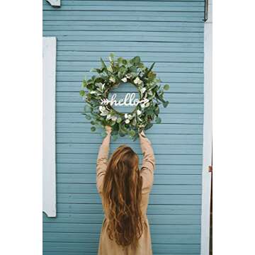 TOKCARE 22 Inch Eucalyptus Wreath with Hello Sign, Spring Summer Wreaths for Front Door Green Winter Wreaths for Front Door Windows,Porch,Fireplace,Indoors and Outdoor Home Decoration