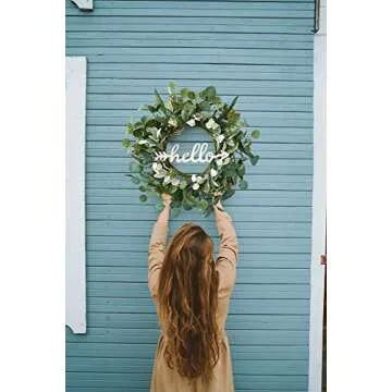 TOKCARE 22 Inch Eucalyptus Wreath with Hello Sign, Spring Summer Wreaths for Front Door Green Winter Wreaths for Front Door Windows,Porch,Fireplace,Indoors and Outdoor Home Decoration