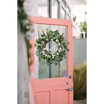 TOKCARE 22 Inch Eucalyptus Wreath with Hello Sign, Spring Summer Wreaths for Front Door Green Winter Wreaths for Front Door Windows,Porch,Fireplace,Indoors and Outdoor Home Decoration