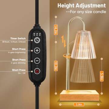 Keevvon Candle Warmer Lamp, Adjustable Height Candle Lamp Warmer with Timer, Electric Dimmable Wax Melt Warmer for Jar Candles with 2 Bulbs, Bedroom Home Decor Aesthetic Gift (Amber)