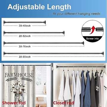 Heavy Duty Shower Rod - Industrial Shower Curtain Rod Wall Mounted for Bathroom,Closet,Room Divider,Outdoor Patio - 28 to 76"Adjustable Shower Pole - Matte Black