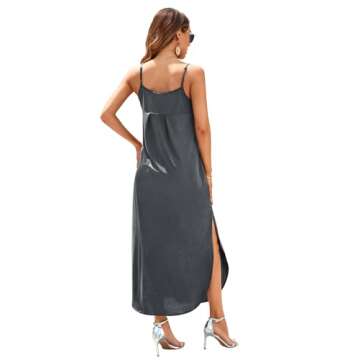 HUSKARY Spaghetti Strap Maxi Dresses for Women 2025 Summer Beach Cover Up Casual V Neck Sleeveless Long Cami Dress with Pockets and Split Dark Grey