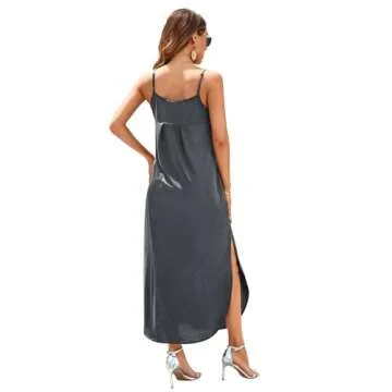 HUSKARY Spaghetti Strap Maxi Dresses for Women 2025 Summer Beach Cover Up Casual V Neck Sleeveless Long Cami Dress with Pockets and Split Dark Grey