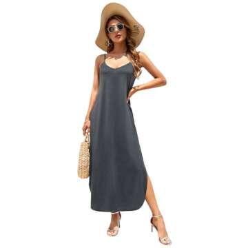 HUSKARY Spaghetti Strap Maxi Dresses for Women 2025 Summer Beach Cover Up Casual V Neck Sleeveless Long Cami Dress with Pockets and Split Dark Grey