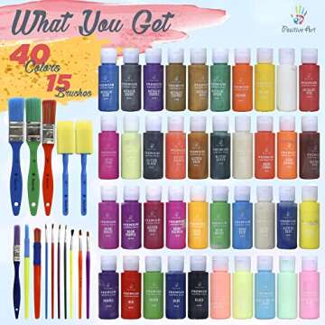 Kids Tempera Paint Set | Value Pack Includes 40 Washable Non-Toxic Colorful Paints (2oz bottles) & 15 Brushes | Metallic, Neon, Glow In The Dark, Glitter Paints | Paint For Arts & Crafts, Fun Projects