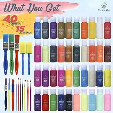 Kids Tempera Paint Set | Value Pack Includes 40 Washable Non-Toxic Colorful Paints (2oz bottles) & 15 Brushes | Metallic, Neon, Glow In The Dark, Glitter Paints | Paint For Arts & Crafts, Fun Projects