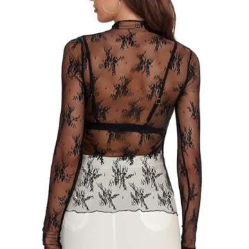 Buauty Mesh Long Sleeve Top for Women, Lace Sheer Tops See Through Mock Neck Floral Embroidery Sheer Blouses Fishnet Shirt Black