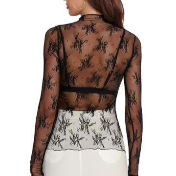 Buauty Mesh Long Sleeve Top for Women, Lace Sheer Tops See Through Mock Neck Floral Embroidery Sheer Blouses Fishnet Shirt Black
