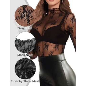 Buauty Mesh Long Sleeve Top for Women, Lace Sheer Tops See Through Mock Neck Floral Embroidery Sheer Blouses Fishnet Shirt Black