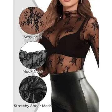 Buauty Mesh Long Sleeve Top for Women, Lace Sheer Tops See Through Mock Neck Floral Embroidery Sheer Blouses Fishnet Shirt Black