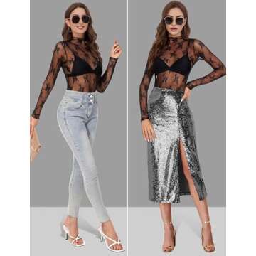 Buauty Mesh Long Sleeve Top for Women, Lace Sheer Tops See Through Mock Neck Floral Embroidery Sheer Blouses Fishnet Shirt Black