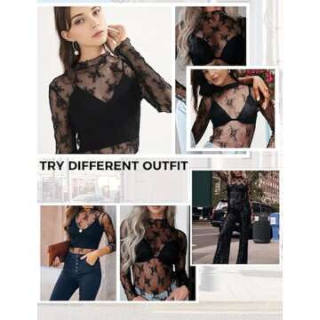 Buauty Mesh Long Sleeve Top for Women, Lace Sheer Tops See Through Mock Neck Floral Embroidery Sheer Blouses Fishnet Shirt Black