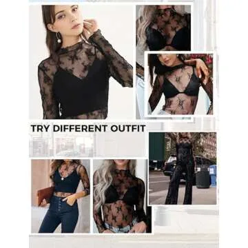 Buauty Mesh Long Sleeve Top for Women, Lace Sheer Tops See Through Mock Neck Floral Embroidery Sheer Blouses Fishnet Shirt Black