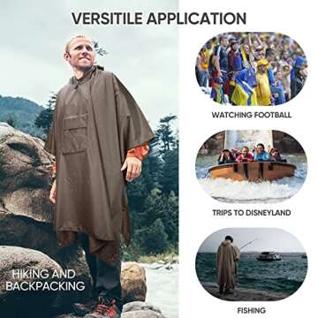 PTEROMY Hooded Rain Poncho for Adult with Pocket, Waterproof Lightweight Unisex Raincoat for Hiking Camping Emergency (Brown)