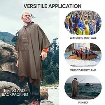 PTEROMY Hooded Rain Poncho for Adult with Pocket, Waterproof Lightweight Unisex Raincoat for Hiking Camping Emergency (Brown)