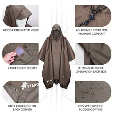PTEROMY Hooded Rain Poncho for Adult with Pocket, Waterproof Lightweight Unisex Raincoat for Hiking Camping Emergency (Brown)
