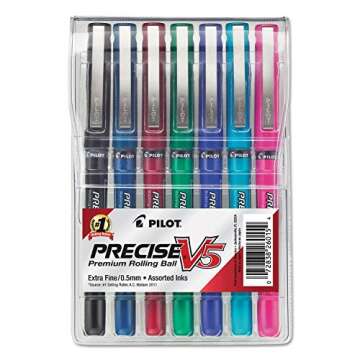 Pilot Precise V5 Roller Ball Stick Pen, Precision Point, Assorted Ink.5mm, 7/Pack