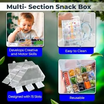 Skywin Snack Tray - Square Fun & Functional Snack Containers - Travel-Friendly, Easy to Use & Clean Snack Box, Encourages Healthy Eating (Clear) (15 Slot)