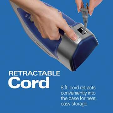 Hamilton Beach Steam Iron & Vertical Steamer for Clothes with Scratch-Resistant Durathon Soleplate, 8' Retractable Cord, 3-Way Auto Shutoff, Anti-Drip, 1500 Watts, Blue