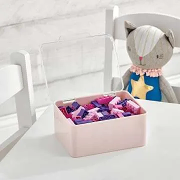 mDesign Set of 2 Children's Toy Box – Small Stackable Storage Container with Hinged Lid for Toys – Ideal for Shelves and Under Bed Storage – Clear/Light Pink