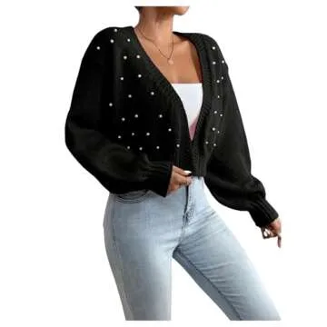 SHENHE Women's Pearl Beaded Open Front V Neck Drop Shoulder Cropped Cardigan Sweater Black Medium