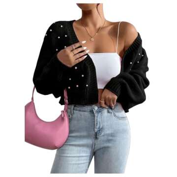 SHENHE Women's Pearl Beaded Open Front V Neck Drop Shoulder Cropped Cardigan Sweater Black Medium