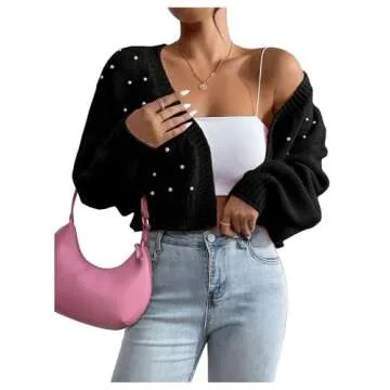 SHENHE Women's Pearl Beaded Open Front V Neck Drop Shoulder Cropped Cardigan Sweater Black Medium