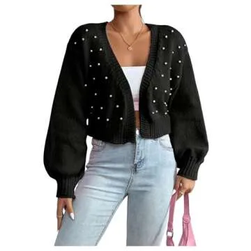 SHENHE Women's Pearl Beaded Open Front V Neck Drop Shoulder Cropped Cardigan Sweater Black Medium