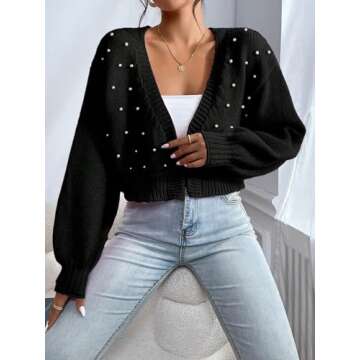 SHENHE Women's Pearl Beaded Open Front V Neck Drop Shoulder Cropped Cardigan Sweater Black Medium