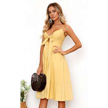 ECOWISH Women 2023 Summer Dresses Tie Front V-Neck Spaghetti Strap Button Down A-Line Backless Swing Midi Dress Yellow S
