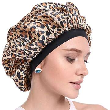2PCS Hair Bonnets for Black Women, Elastic Wide Band Silk Hair Bonnet for Sleeping, Sleeping Bonnets for Women, Satin Bonnet for Curly Hair Sleeping Cap (Black + Leopard print)