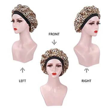 2PCS Hair Bonnets for Black Women, Elastic Wide Band Silk Hair Bonnet for Sleeping, Sleeping Bonnets for Women, Satin Bonnet for Curly Hair Sleeping Cap (Black + Leopard print)