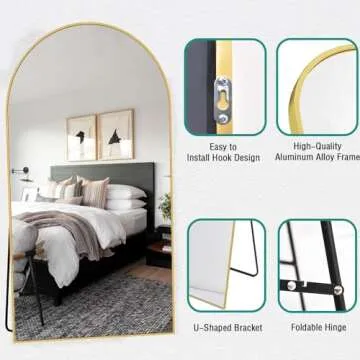 TinyTimes 78''x38'' Oversized Full Length Mirrors, Arched Floor Mirror with Stand, Full Body Large Standing Mirror/Leaning/Hanging Wall Mounted for Living Room, Bedroom, Gold