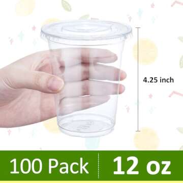 Eupako 12 oz Plastic Cups with Lids 100 Sets Clear Disposable Plastic Party Cups with Flat Lids to G...