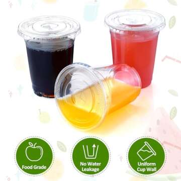 Eupako 12 oz Plastic Cups with Lids 100 Sets Clear Disposable Plastic Party Cups with Flat Lids to Go, Cold Drink Cups, Smoothie Cups, Milkshake Cups