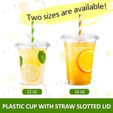 Eupako 12 oz Plastic Cups with Lids 100 Sets Clear Disposable Plastic Party Cups with Flat Lids to Go, Cold Drink Cups, Smoothie Cups, Milkshake Cups