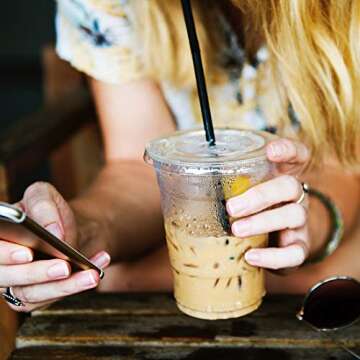 Eupako 12 oz Plastic Cups with Lids 100 Sets Clear Disposable Plastic Party Cups with Flat Lids to Go, Cold Drink Cups, Smoothie Cups, Milkshake Cups