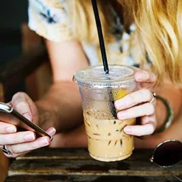 Eupako 12 oz Plastic Cups with Lids 100 Sets Clear Disposable Plastic Party Cups with Flat Lids to Go, Cold Drink Cups, Smoothie Cups, Milkshake Cups