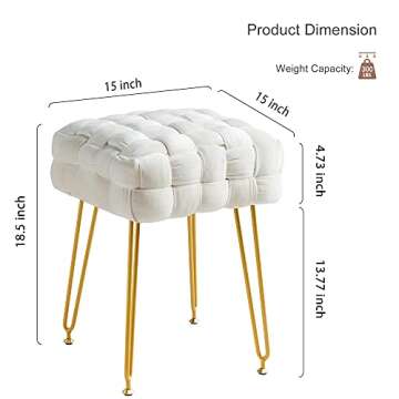 Velvet Square Ottoman Foot Stool, Woven Upholstered Foot Rest Stool with Gold Metal Legs, Makeup Chairs Stool for Vanity Table, Modern Footstool Ottoman for Vanities, 18.5” H for Living Room, Bedroom