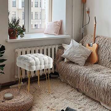Velvet Square Ottoman Foot Stool, Woven Upholstered Foot Rest Stool with Gold Metal Legs, Makeup Chairs Stool for Vanity Table, Modern Footstool Ottoman for Vanities, 18.5” H for Living Room, Bedroom