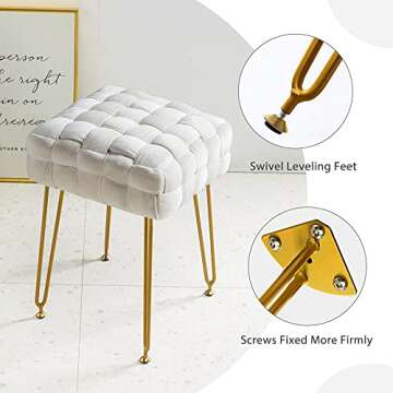 Velvet Square Ottoman Foot Stool, Woven Upholstered Foot Rest Stool with Gold Metal Legs, Makeup Chairs Stool for Vanity Table, Modern Footstool Ottoman for Vanities, 18.5” H for Living Room, Bedroom