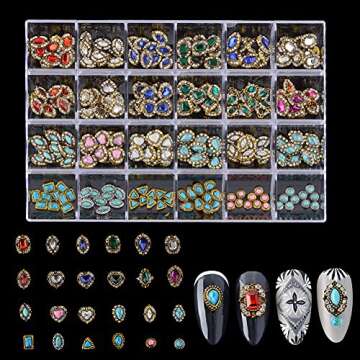 BAIYIYI 3D Nail Charms Rhinestones for Nail Art - 24 Retro Style Metal Nail Art Charms 3D Crystals Diamonds Gems Charms Metal Gold Rhinestone for DIY Crafts Nail Design Decorations