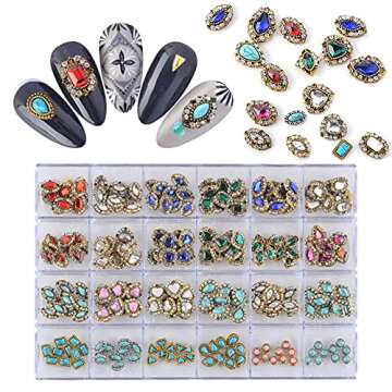 BAIYIYI 3D Nail Charms Rhinestones for Nail Art - 24 Retro Style Metal Nail Art Charms 3D Crystals Diamonds Gems Charms Metal Gold Rhinestone for DIY Crafts Nail Design Decorations