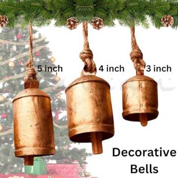 Rustic Harmony Cow Bells Decorative Set of 3 Christmas Bell Large Vintage Golden Cow Bell Brass Coat...