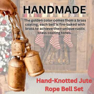 Rustic Harmony Cow Bells Decorative Set of 3 Christmas Bell Large Vintage Golden Cow Bell Brass Coated Country Bells Wall Hanging Cowbell Lucky Charm (3"-4"-5")