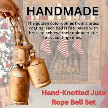 Rustic Harmony Cow Bells Decorative Set of 3 Christmas Bell Large Vintage Golden Cow Bell Brass Coated Country Bells Wall Hanging Cowbell Lucky Charm (3"-4"-5")