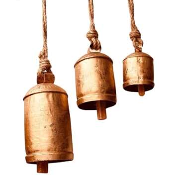 Rustic Harmony Cow Bells Decorative Set of 3 Christmas Bell Large Vintage Golden Cow Bell Brass Coated Country Bells Wall Hanging Cowbell Lucky Charm (3"-4"-5")