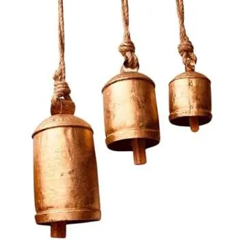 Rustic Harmony Cow Bells Decorative Set of 3 Christmas Bell Large Vintage Golden Cow Bell Brass Coated Country Bells Wall Hanging Cowbell Lucky Charm (3"-4"-5")