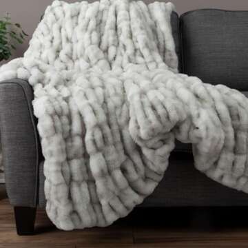 Oversized Ruched Faux Fur Blanket - 60x80-Inch Jacquard Faux Fur Queen-Size Throw for Sofas and Beds - Luxurious Bedding by Lavish Home (Gray)